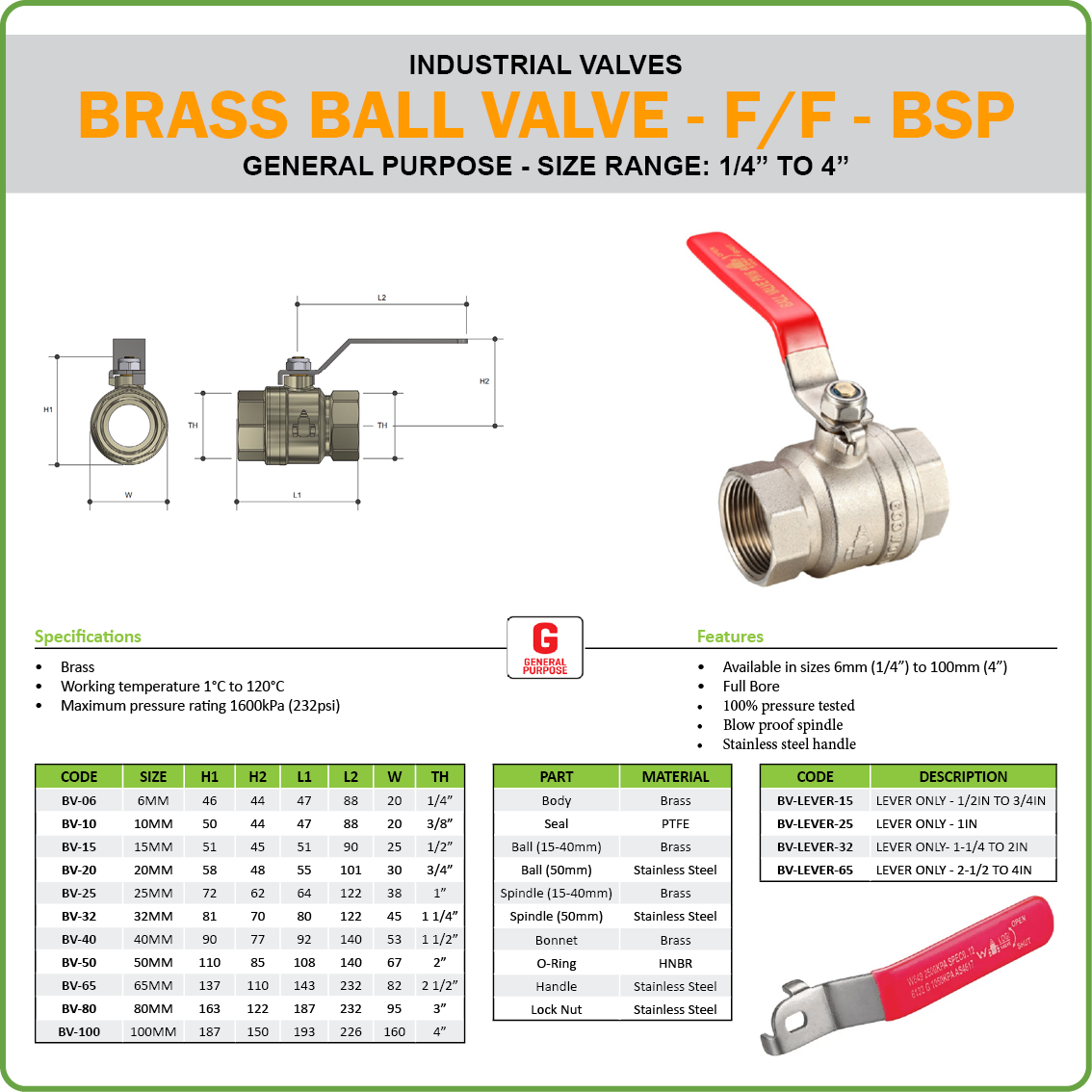 BALL VALVE BRASS GENERAL PURPOSE F/F BSP